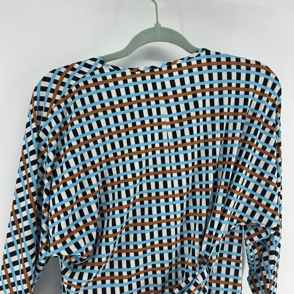 J. McLaughlin Wrap Top Womens XS Blue Brown Geometric Print Blouse Stretchy Soft - Picture 9 of 12